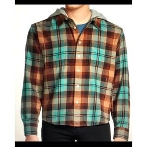 Arizona Jeans Hooded Flannel Teal Plaid Men’s Médium Size